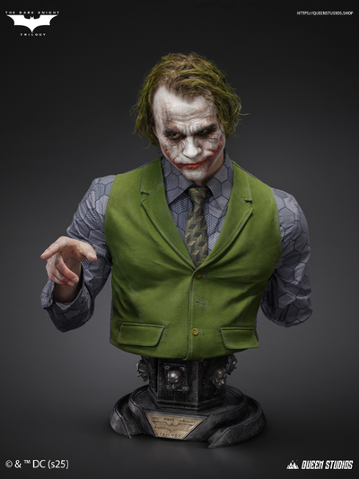 Queen Studios 1 1 Joker collectible bust showcasing the chaotic charm of Heath Ledger’s Joker