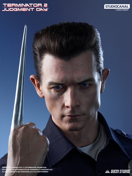 Queen Studios Terminator T-1000 1 1 Bust showcasing sharp metallic spike formed from finger extension